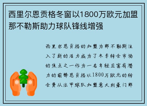 西里尔恩贡格冬窗以1800万欧元加盟那不勒斯助力球队锋线增强