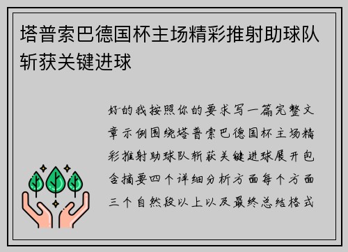 塔普索巴德国杯主场精彩推射助球队斩获关键进球